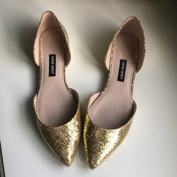 Nine West Gold Starship D’orsay flats pump style shiny sparkly shoes like new - Picture 4 of 5